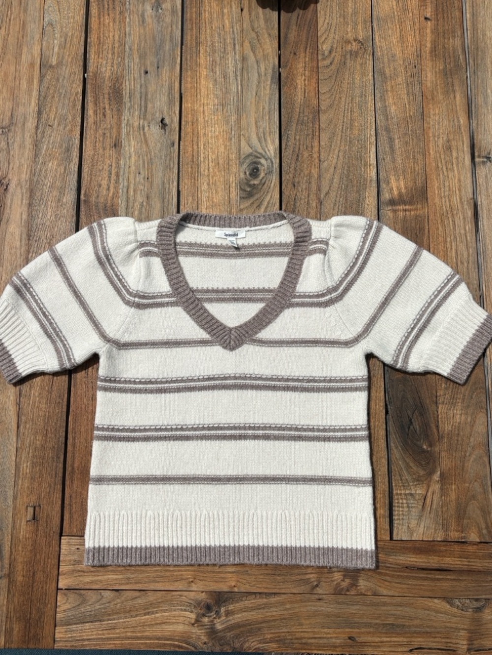 Splendid Cream and Taupe Striped V-Neck Knit Top
